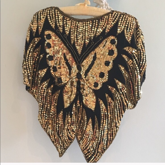 Vintage Tops - Vintage 100% silk Indian sequin Butterfly top